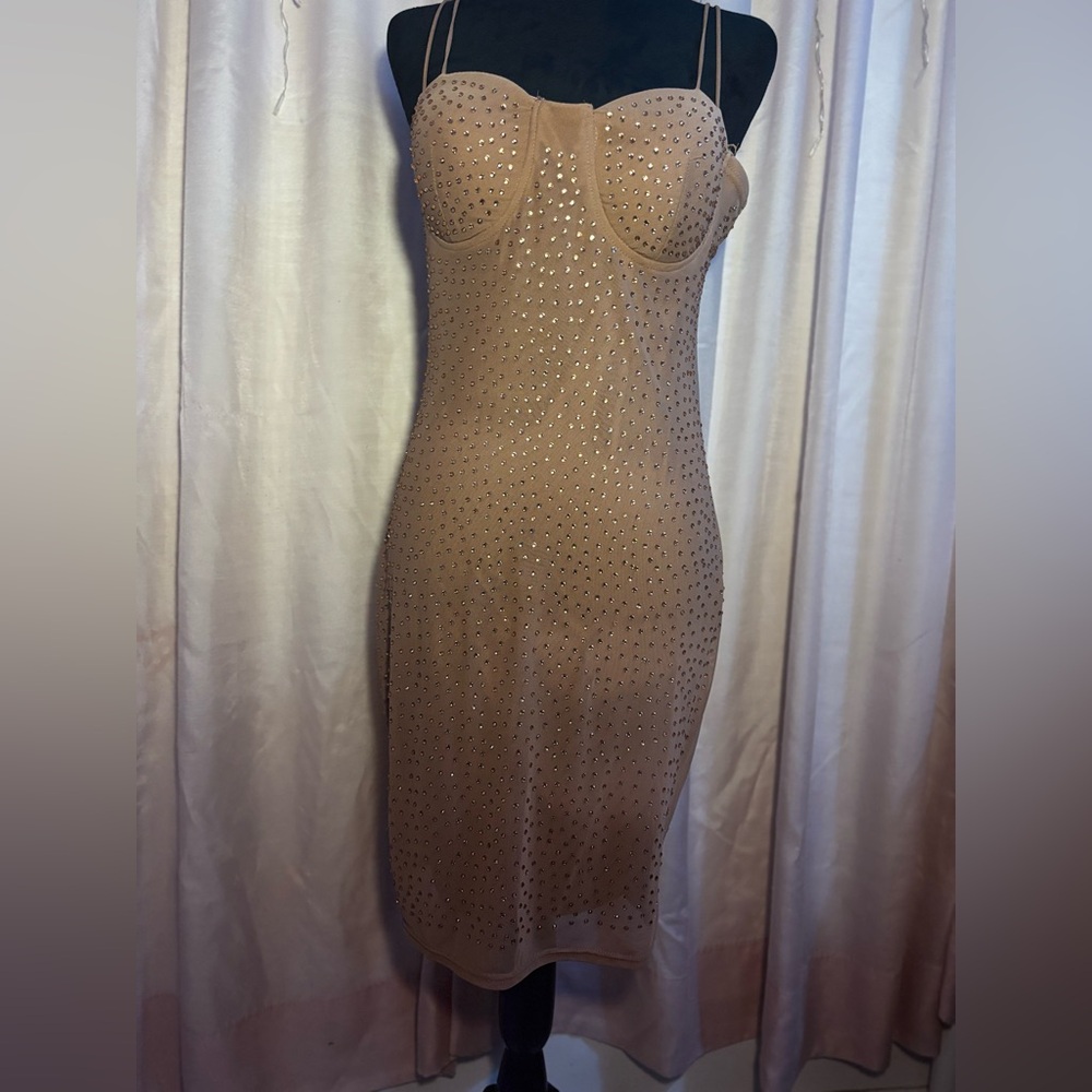 Sexy Nude Dress with rhinestones! Perfect condition, stretchy and fitted!🤎 - Picture 2 of 11